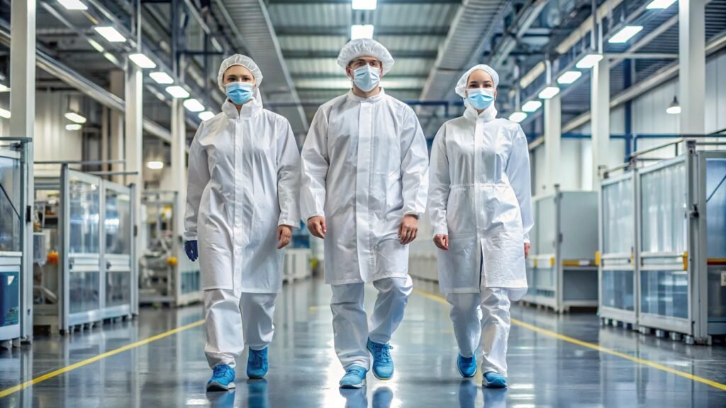 3-people-in-white-transparent-safety-coats-walking 3 People In White Transparent Safety Coats Walking